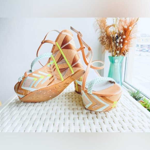Vintage Sam Edelman Wedge Platform Mozaic Strappy Sandals - Picture 5 of 14